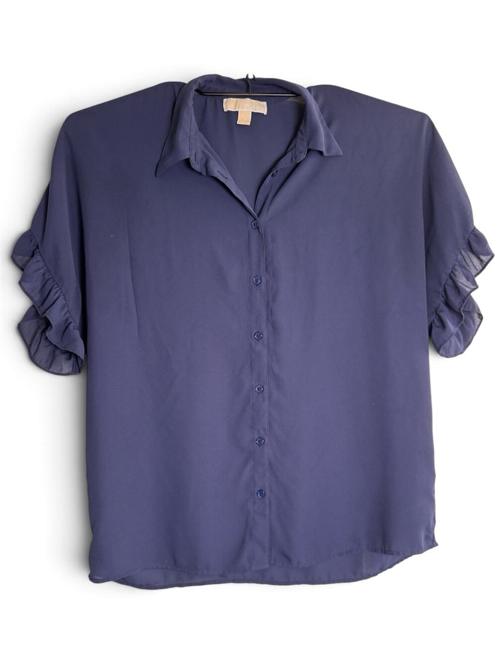 MICHAEL Michael Kors Women S Blue Ruffle Short Sleeve Button Front Blouse Top